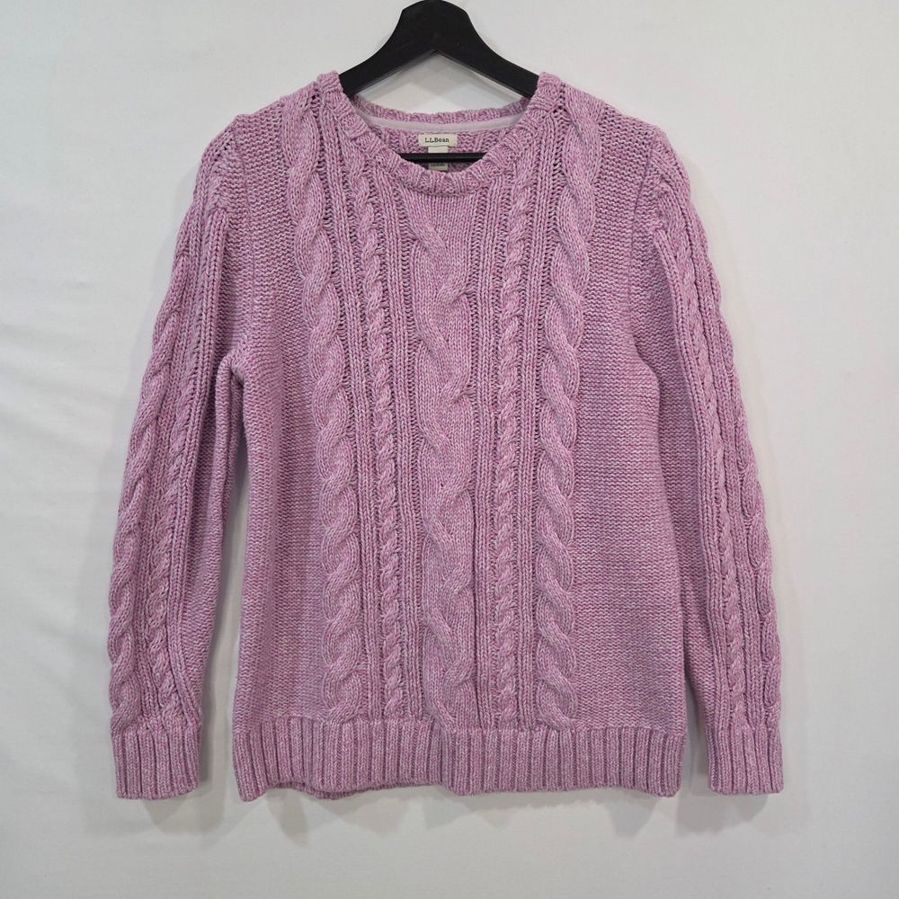 L.L.Bean Womens L Pink Lilac Cotton Cable Knit Sweater Crewneck Fisherman